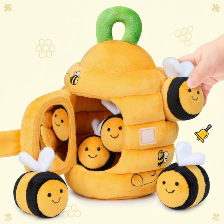 Yellow beehive plush house with a green loop handle and removable bee characters