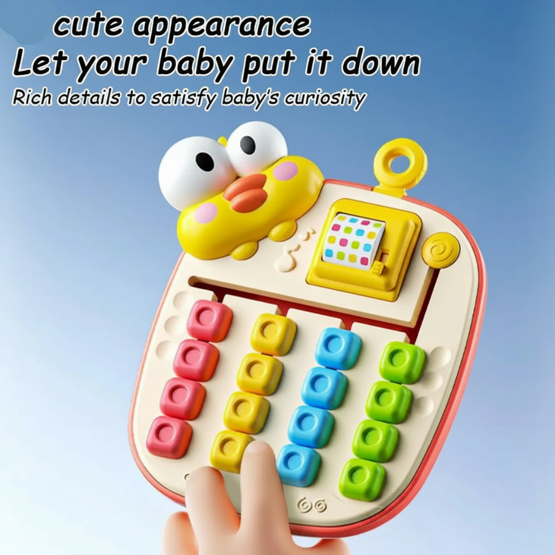 Hand holding the yellow sliding puzzle with tiles arranged in color columns