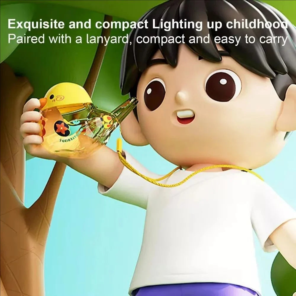 Illustrated child holding a yellow bird whistle attached to a lanyard