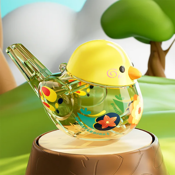 Yellow bird whistle with an orange beak and flowers on its transparent body