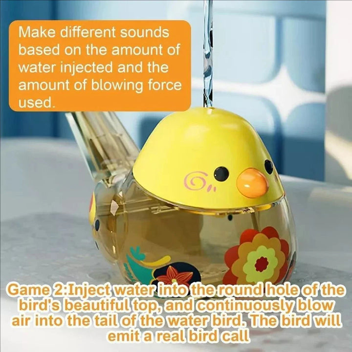 Water being poured into the top opening of a yellow bird whistle