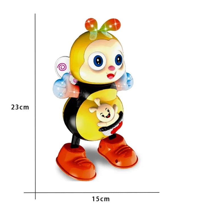 Yellow and black bee toy with orange feet, shown at 23 cm tall and 15 cm wide