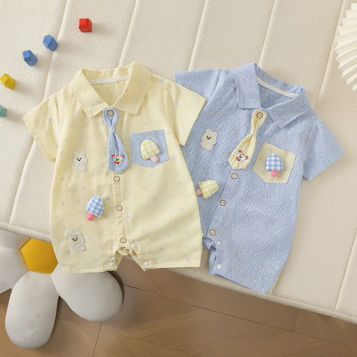 Yellow and blue short-sleeve baby rompers arranged side by side