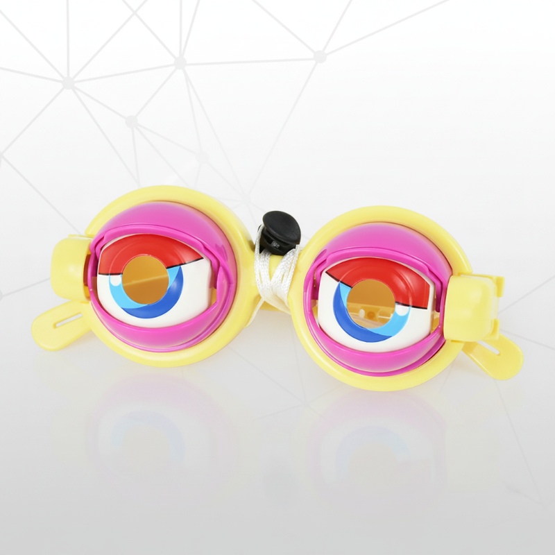Yellow toy glasses with pink eyelids and oversized blue eyes