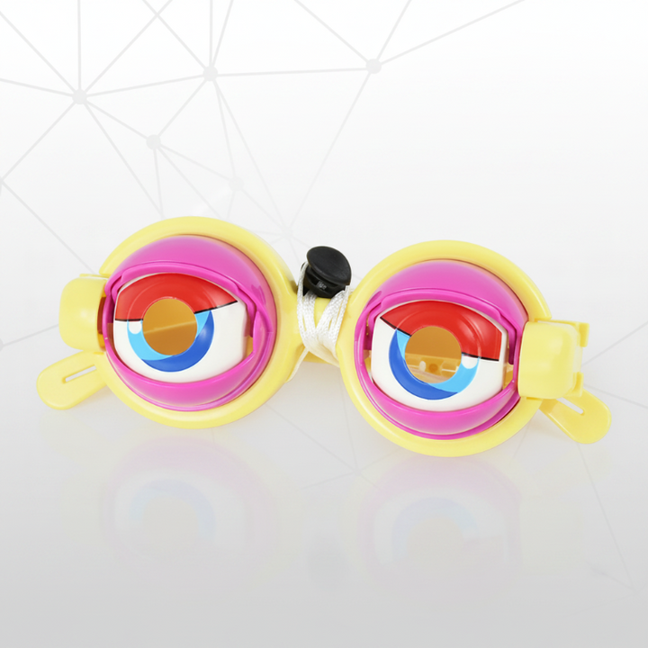 Yellow toy glasses with pink eyelids and oversized blue eyes
