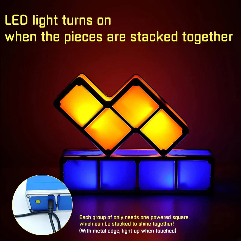 Yellow LED block glowing on a blue base, with a close-up of the power connection.