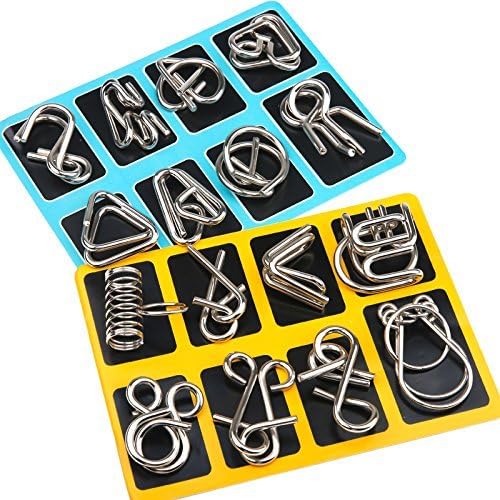 Metal ring puzzles in yellow and blue trays with different interlocking shapes.