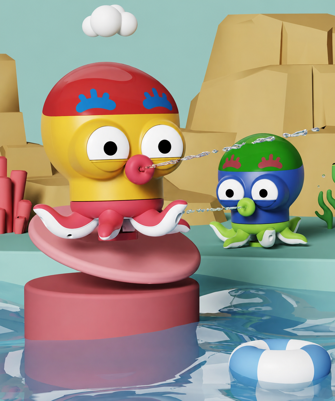 Yellow and blue octopus bath toys spraying water from their mouths in a poolside scene