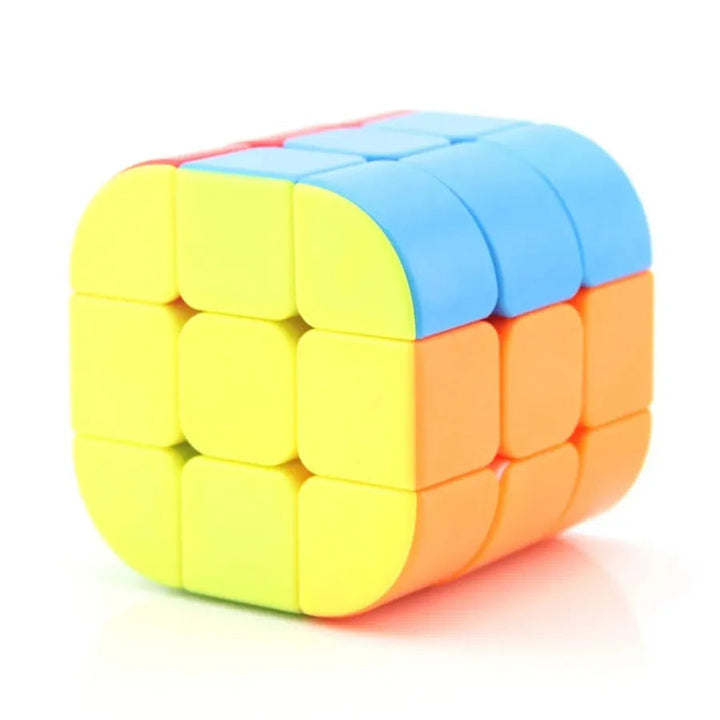 Rounded cube puzzle with yellow, blue, and orange faces