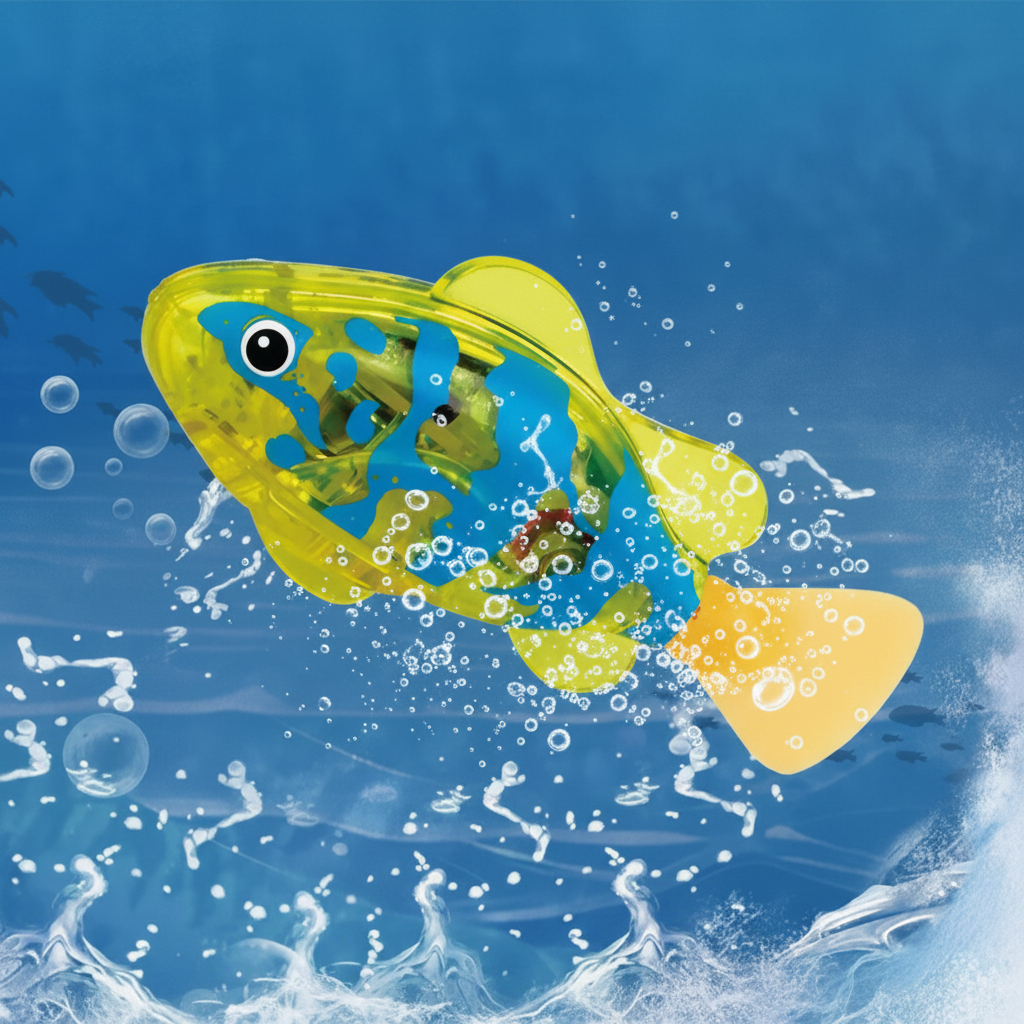 Yellow-and-blue electronic fish bath toy with a flexible yellow tail