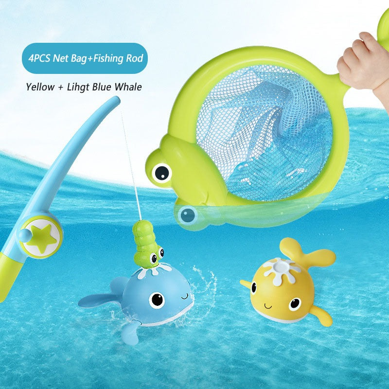 Yellow and light blue whale bath toys shown with a magnetic fishing rod and green frog-shaped net.