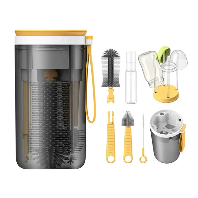 Yellow bottle brush kit with a storage case, drying rack, and cleaning accessories