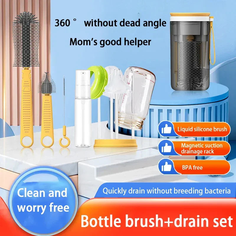 Yellow bottle care kit with brushes, storage case, soap dispenser, and drying rack