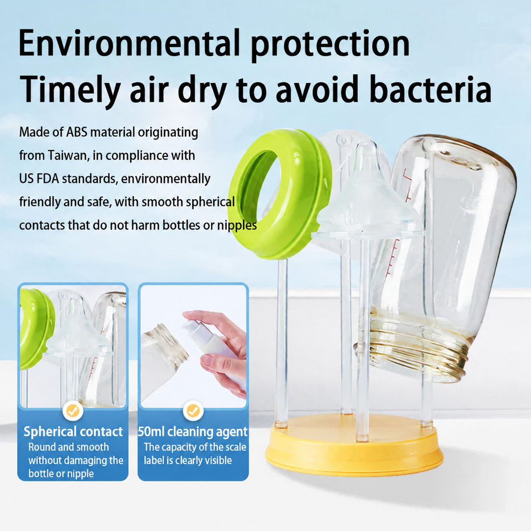 Yellow drying rack holding a baby bottle and feeding parts, with a soap dispenser shown in an inset