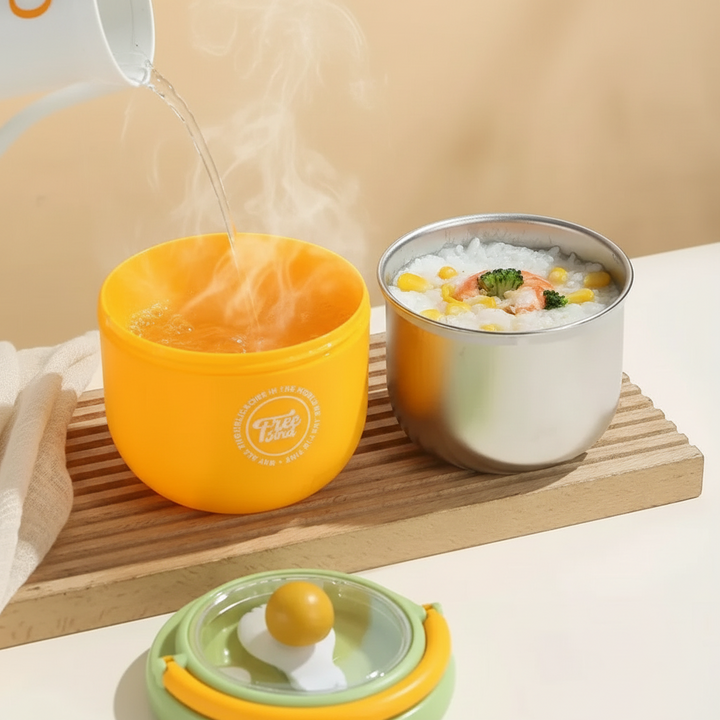 Steaming water poured into a yellow outer bowl beside a separate stainless steel insert.