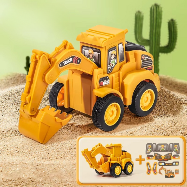 Yellow toy excavator with a digging bucket, black wheels, and a sticker sheet shown beside it