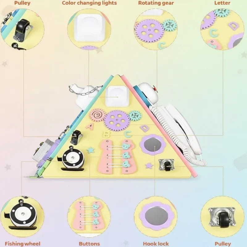 Yellow side of the busy board pyramid with gears, buttons, a mirror, and turning wheels