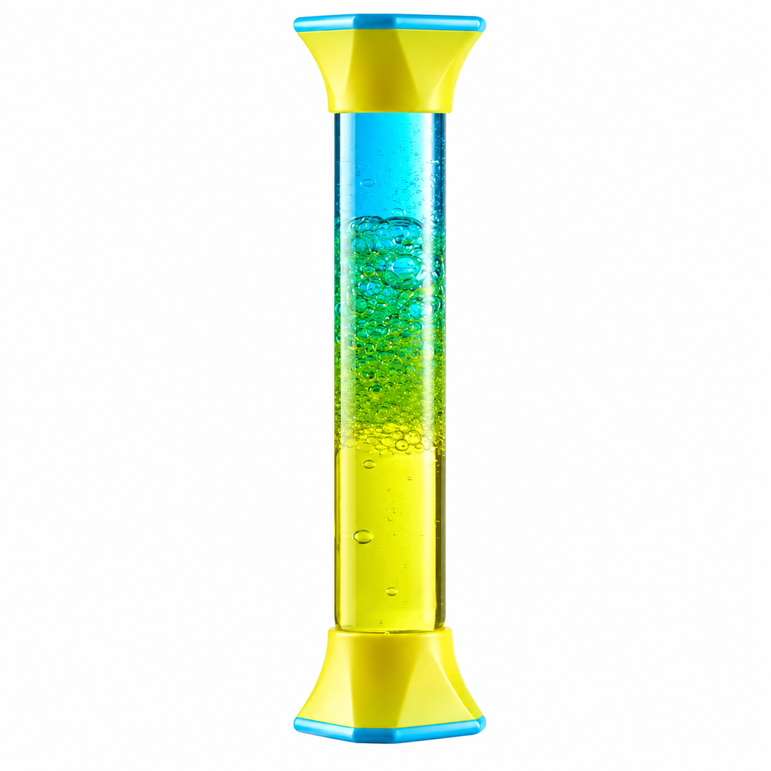 Color Mix sensory tube with blue and yellow liquid and yellow end caps