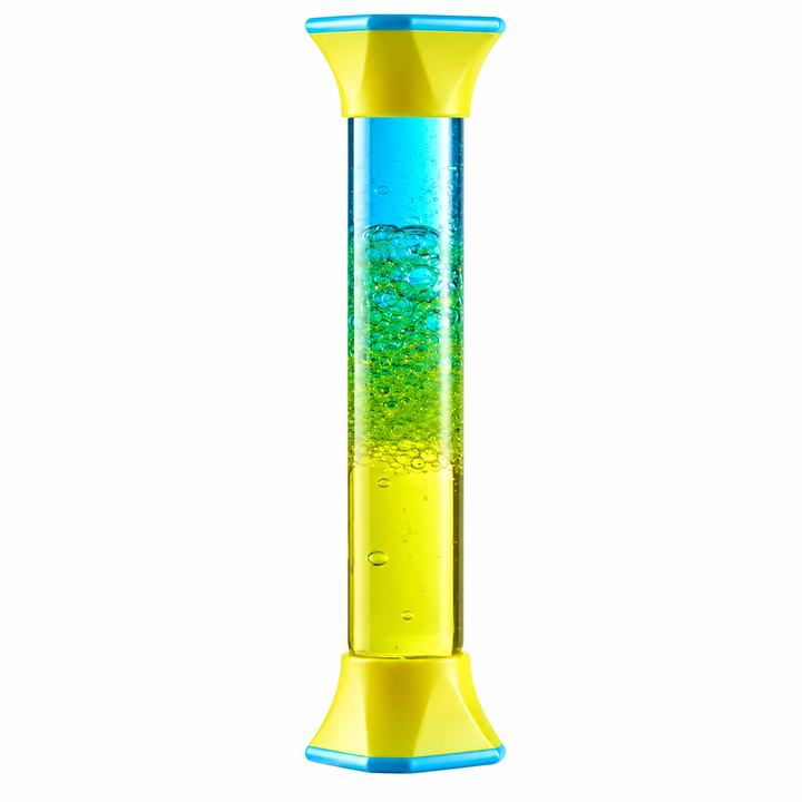 Color Mix sensory tube with blue and yellow liquid and yellow end caps