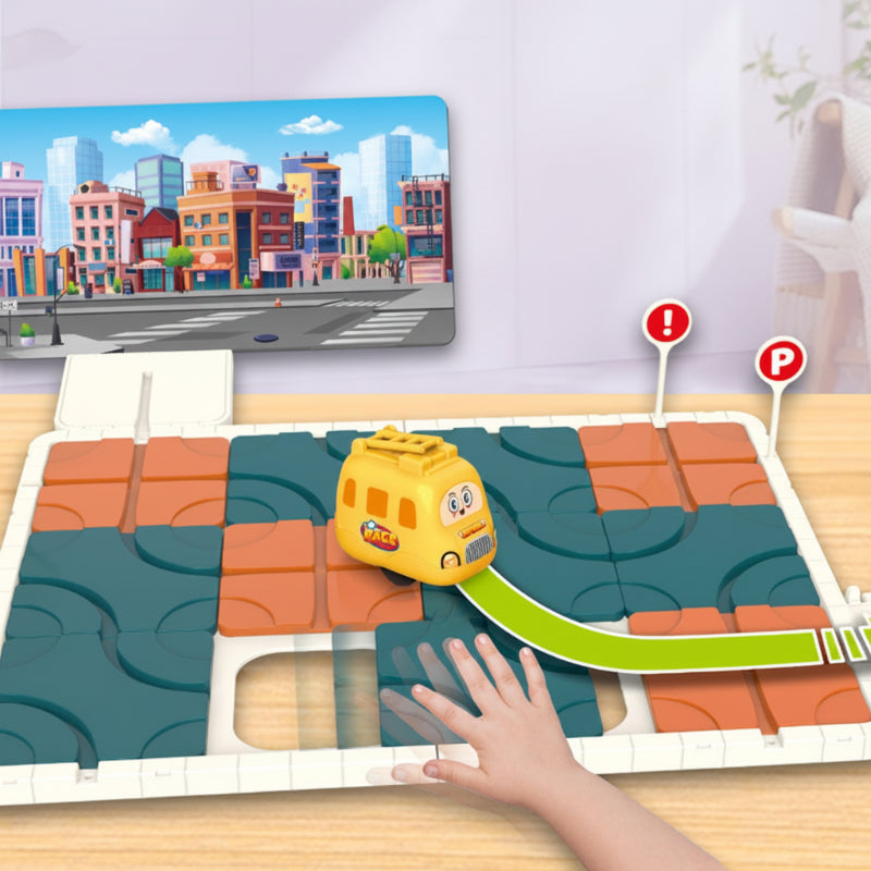 Yellow car on a curved track with a green arrow showing a route across the puzzle board