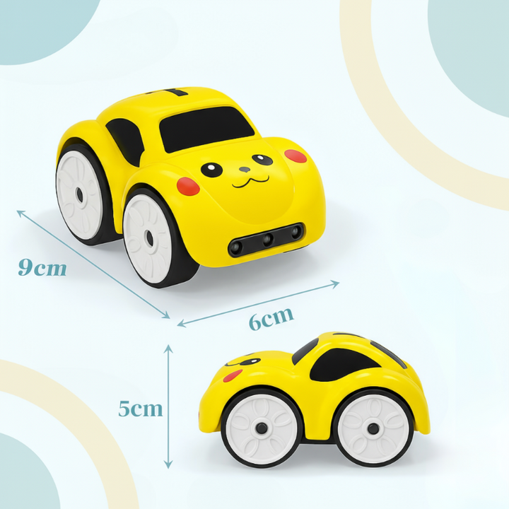 Yellow cartoon car measurement graphic labeled 9 cm long, 6 cm wide and 5 cm tall