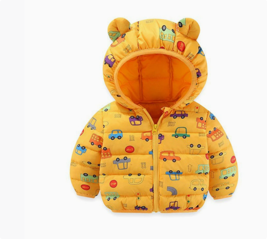 Yellow car-print puffer jacket with a matching hood lining and bear-ear details