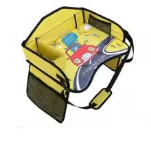 Yellow travel tray with a colorful car print, raised sides and hanging storage pockets