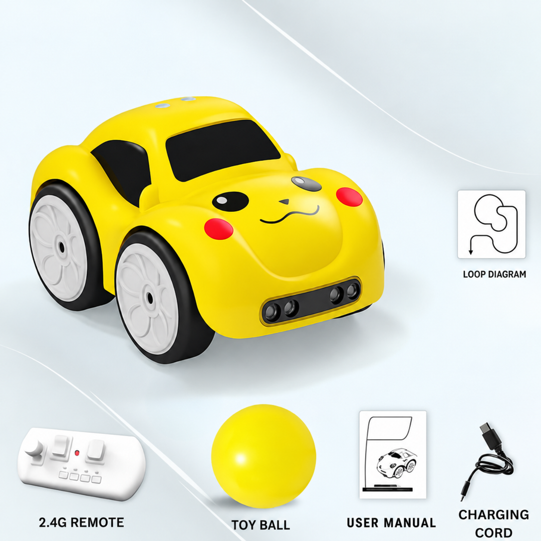 Yellow cartoon car with remote control, ball, user manual and charging cord