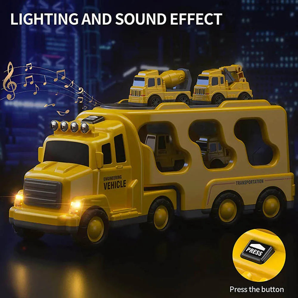 Yellow toy transporter with illuminated headlights and an inset light-and-sound button