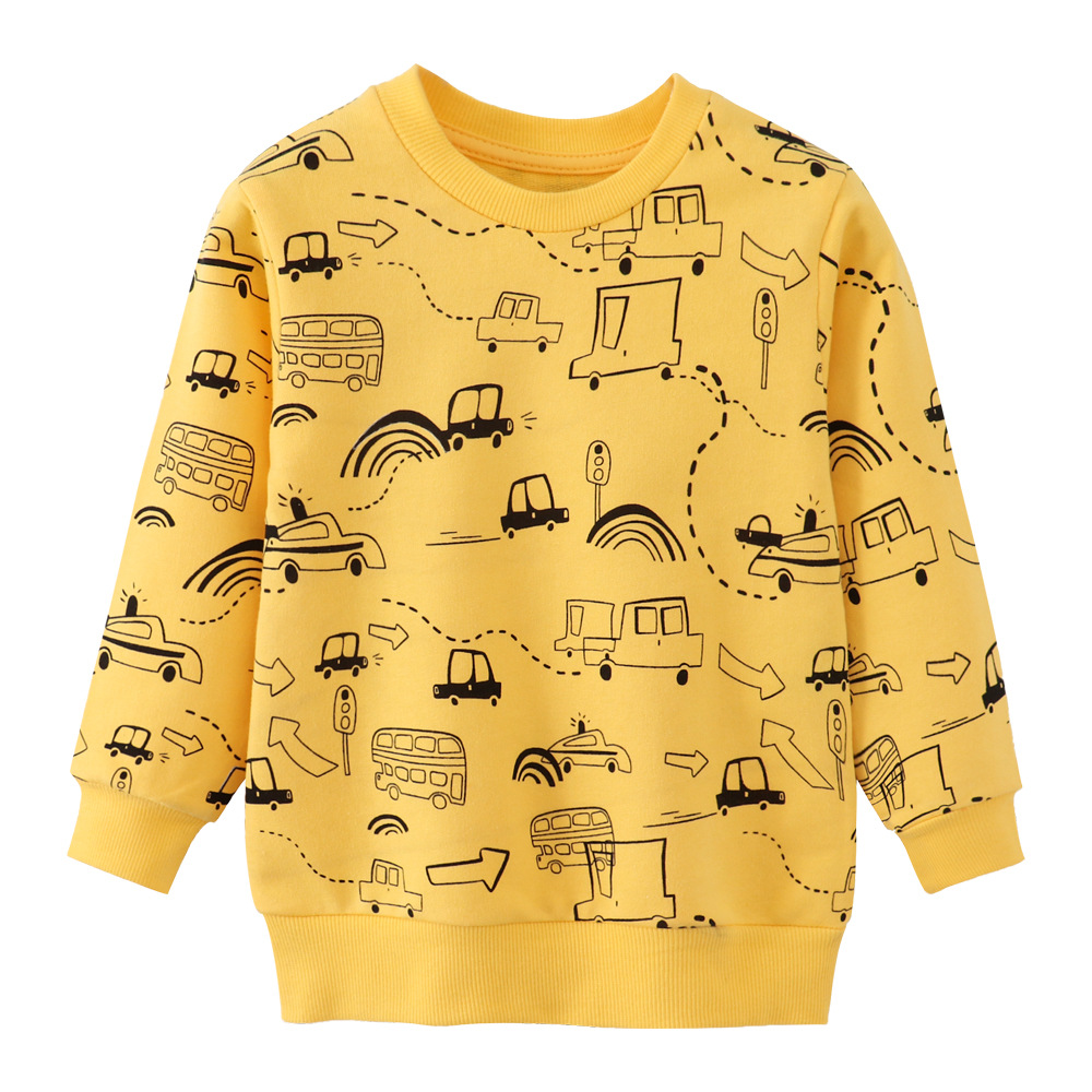 Yellow sweatshirt with outlined cars, buses, and winding roads