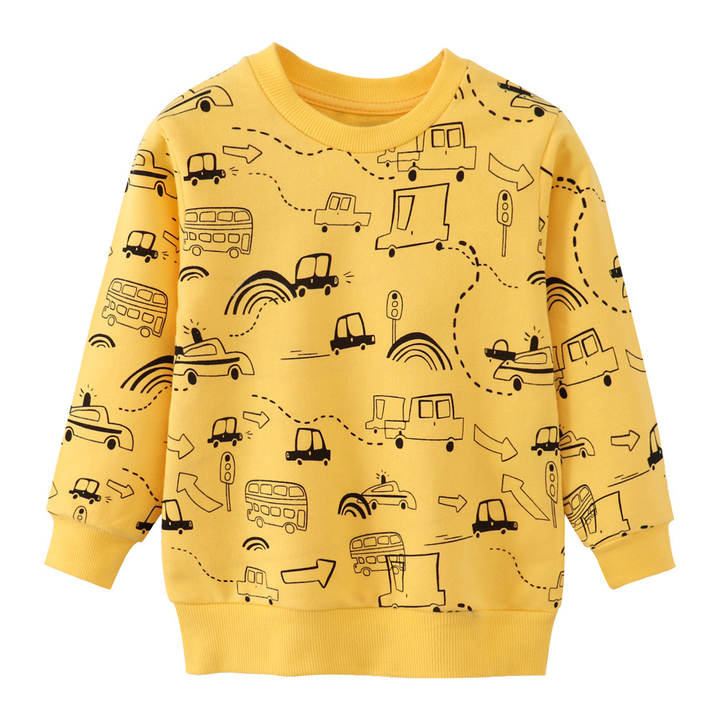 Yellow sweatshirt with outlined cars, buses, and winding roads