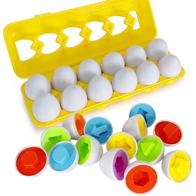 Yellow egg carton with white matching eggs and colorful shape halves