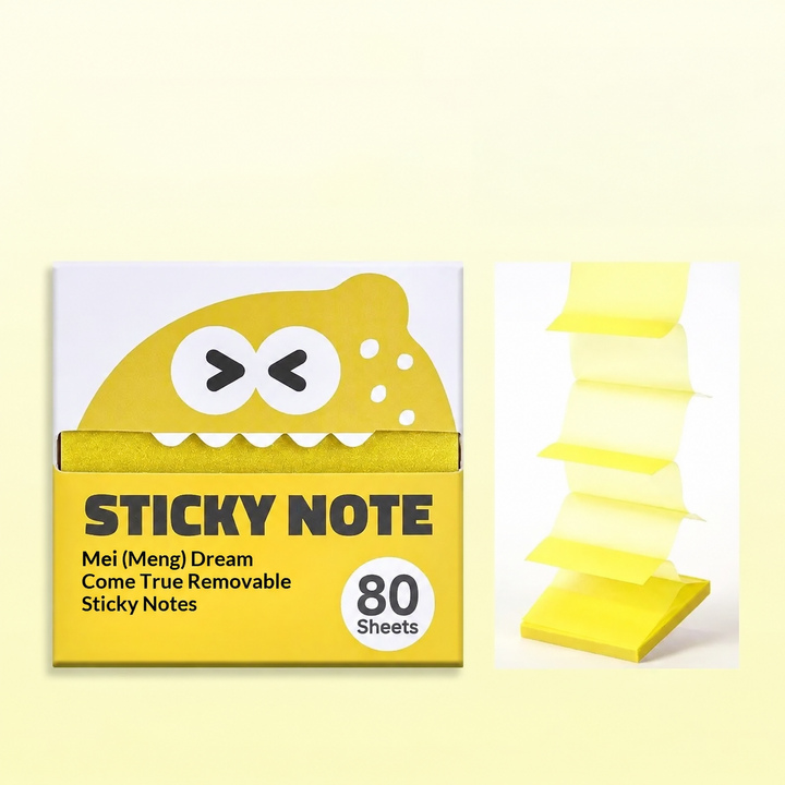 Yellow sticky notes with cartoon packaging beside extended sheets