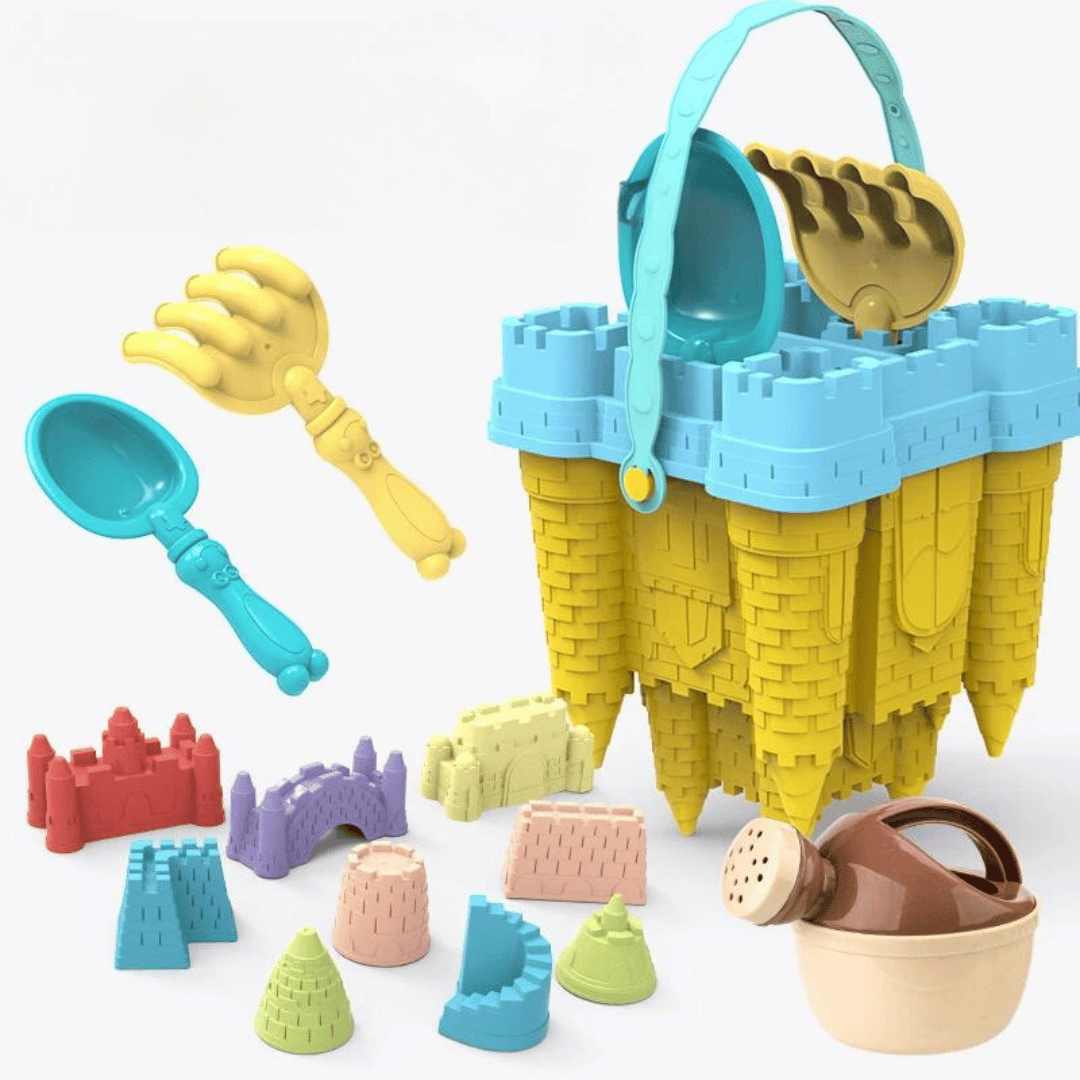 Yellow castle bucket with a blue rim, colorful sand molds, a scoop, rake and watering can