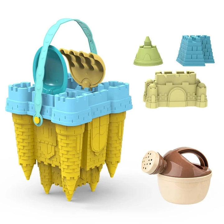 Yellow sandcastle bucket with blue rim, three small molds, scoop, rake and watering can