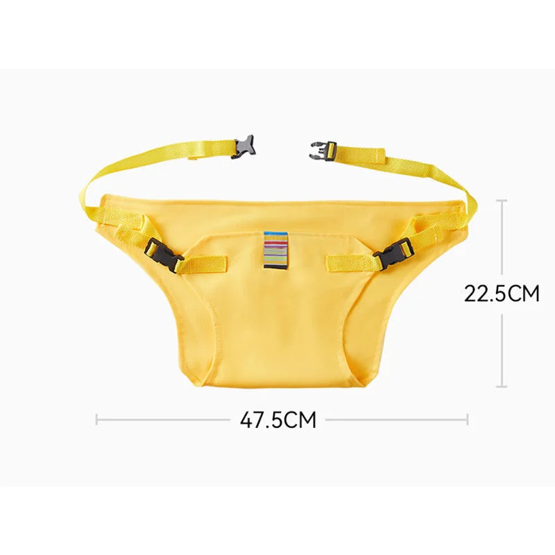 Yellow baby chair harness laid flat with dimensions and adjustable buckle straps.