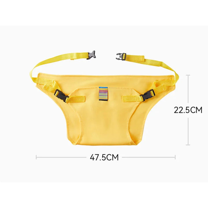 Yellow baby chair harness laid flat with dimensions and adjustable buckle straps.