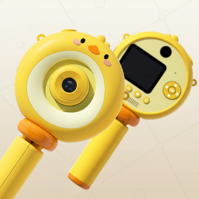 Yellow chick-shaped digital camera shown from the front and back