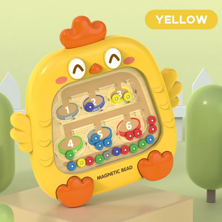 Yellow chick-shaped magnetic maze with colored beads and sorting spaces numbered 1 through 6.