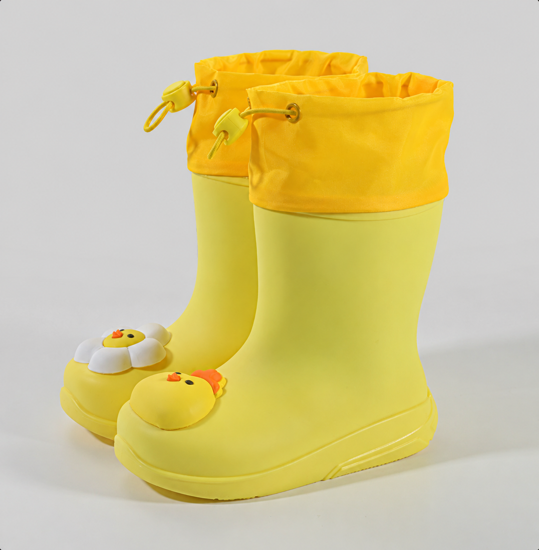 Yellow chick rain boots with yellow drawstring cuffs