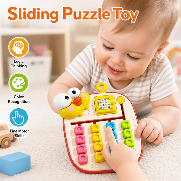 Child and adult exploring the colorful tiles on the yellow sliding puzzle