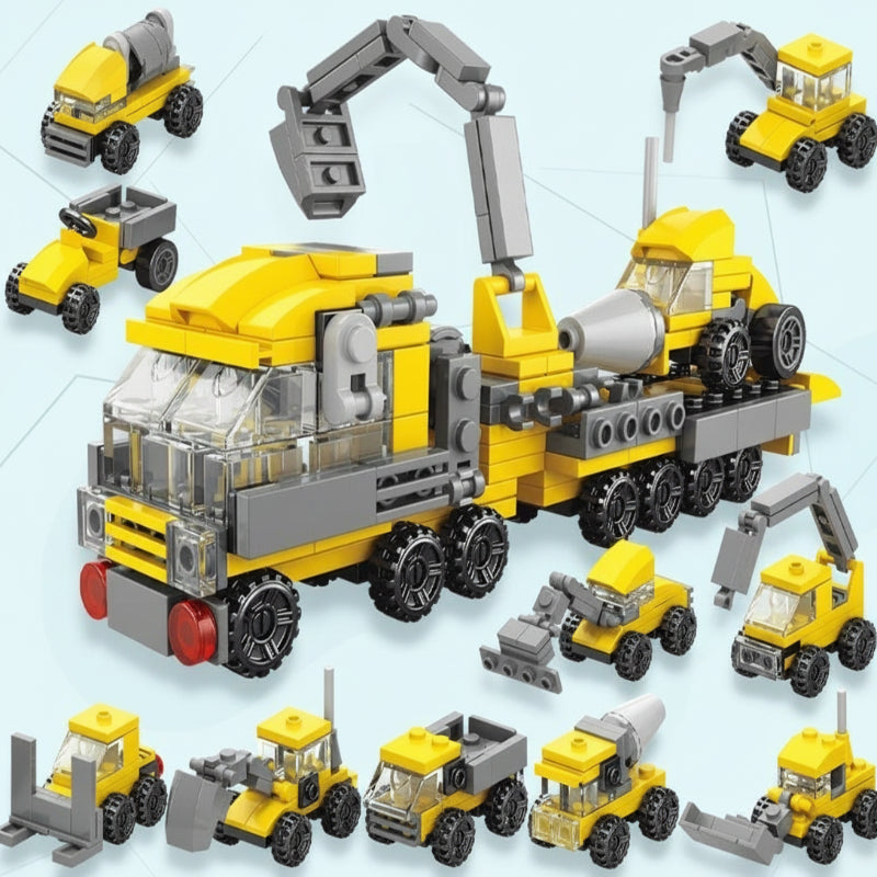 Yellow construction truck block model with smaller cranes, diggers, and work vehicles