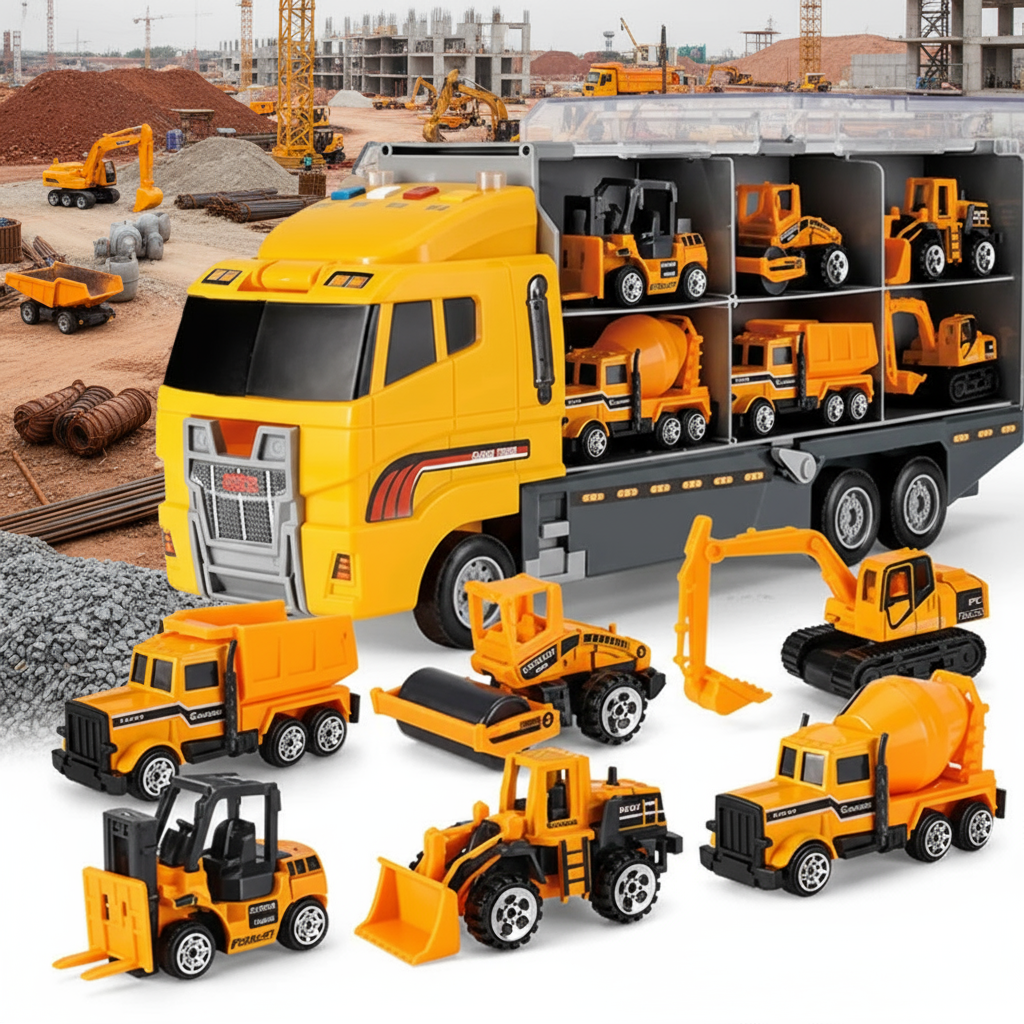 Yellow construction-themed vehicle carrier with a mixer, excavator, and other work vehicles.