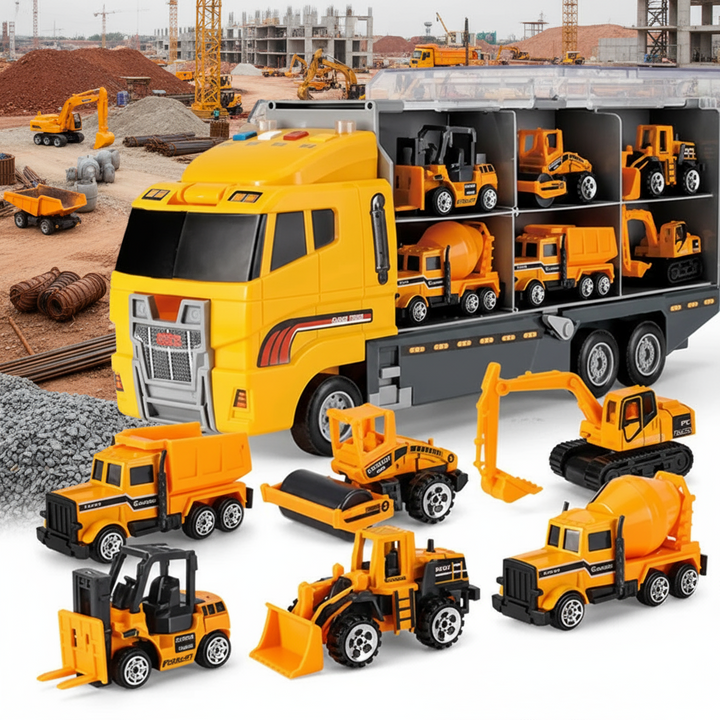 Yellow construction-themed vehicle carrier with a mixer, excavator, and other work vehicles.