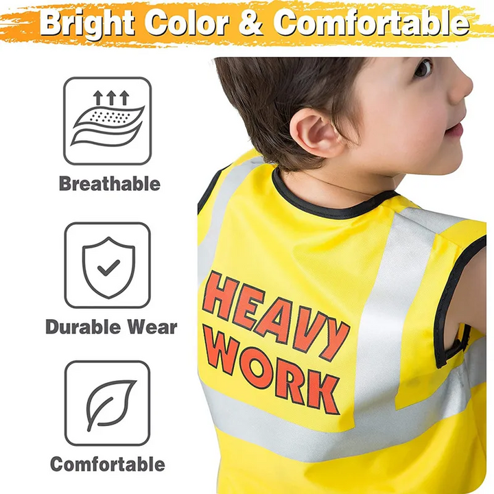 Back view of a child wearing a yellow construction dress-up vest with silver-colored bands.