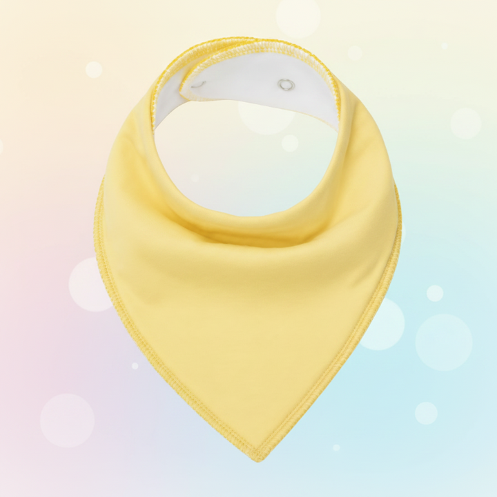 Yellow cotton bandana bib with a white inner lining and snap closure