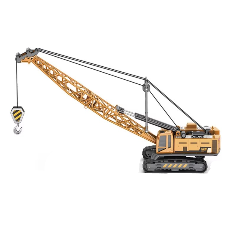 Yellow crawler crane toy with a lattice boom, hanging hook and black tracks