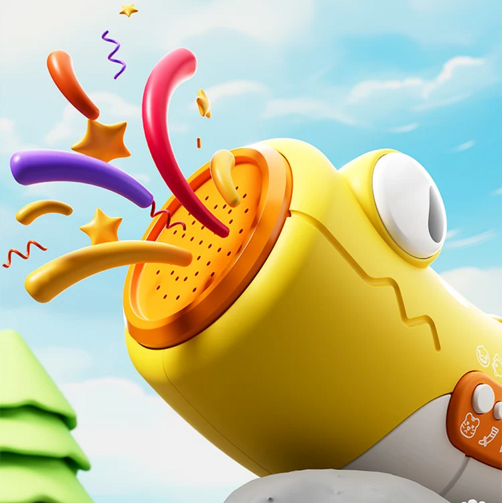 Yellow crocodile toy horn with colorful shapes illustrating sound from the speaker