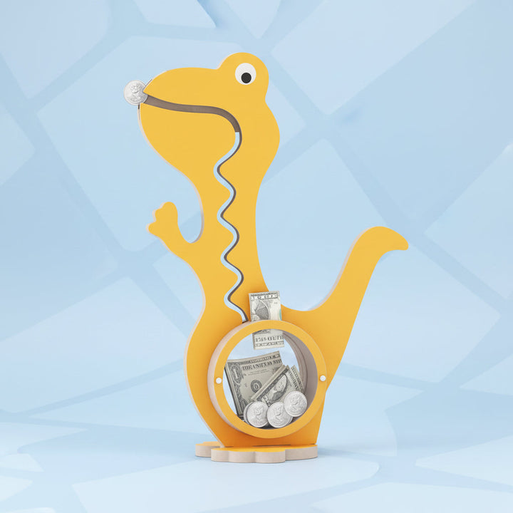 Yellow dinosaur piggy bank with a winding coin track and coins and a bill in its clear belly window