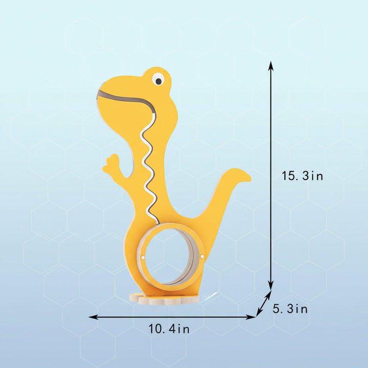 Yellow dinosaur piggy bank dimensions: 15.3 inches high, 10.4 inches wide, and 5.3 inches deep